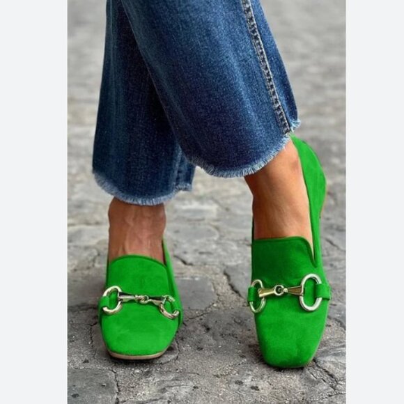 NWOB Aimeela Square Toe Buckle Slip On Loafers In Green, 7 - Picture 1 of 6